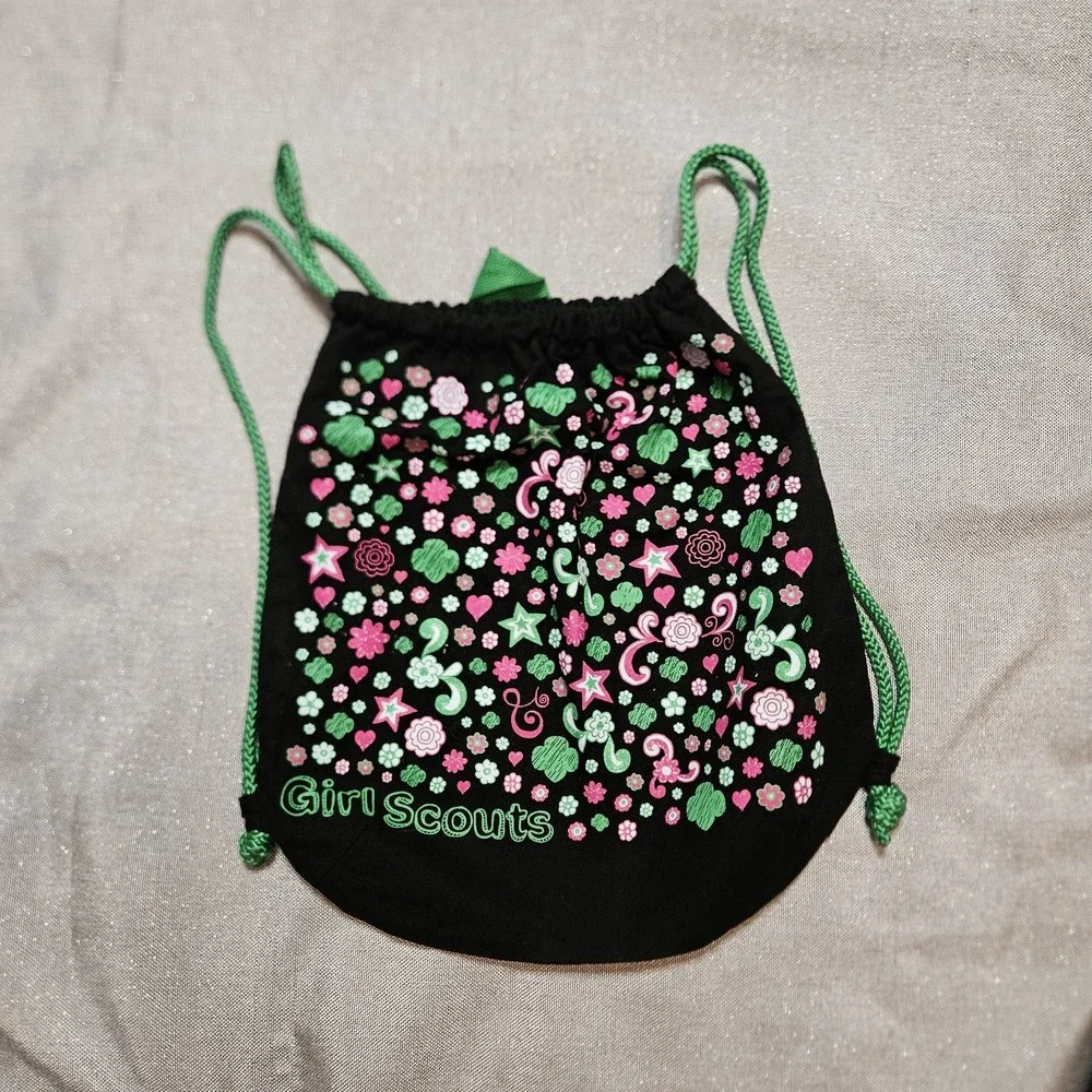Girl Scouts Drawstring Bag Black Canvas Pink Green Floral‎ Stars Print Washable
